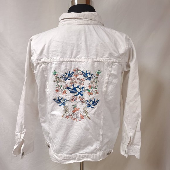 Collections Etc Womens Large Embroidered Floral Boho Art Deco White Denim Jacket - Picture 7 of 15